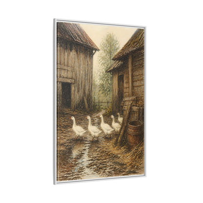 Side Mockup 7. Rustic Geese Farmyard shown as framed canvas print