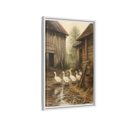 Side Mockup 1. Rustic Geese Farmyard shown as framed canvas print