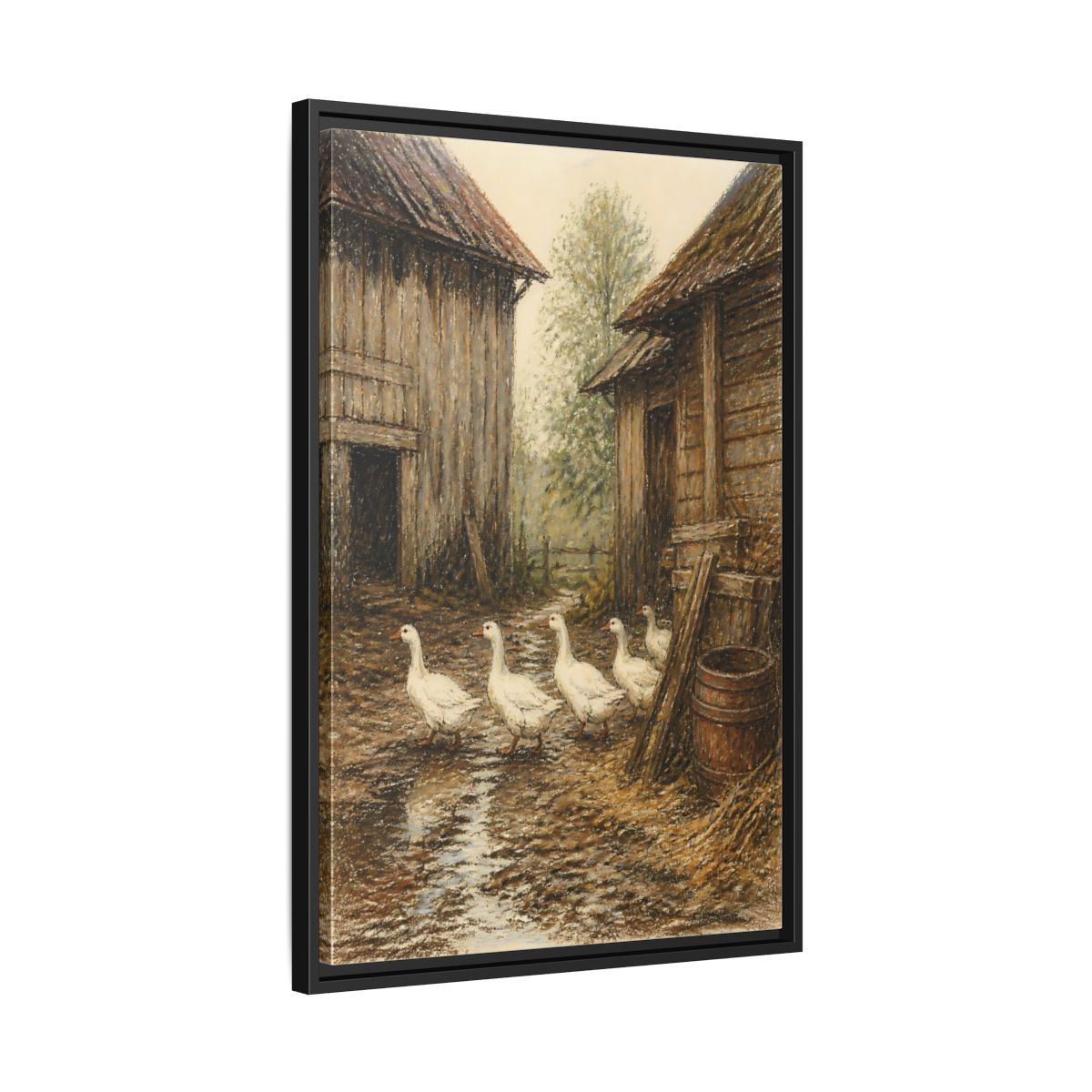 Side Mockup 14. Rustic Geese Farmyard shown as framed canvas print