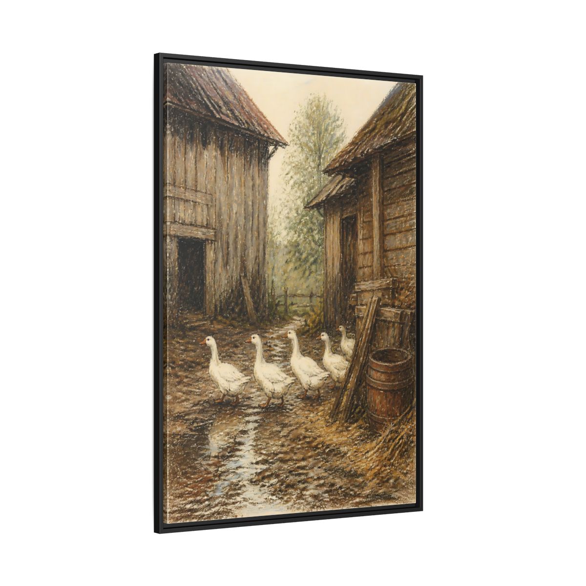 Side Mockup 12. Rustic Geese Farmyard shown as framed canvas print