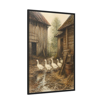Side Mockup 12. Rustic Geese Farmyard shown as framed canvas print