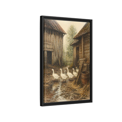 Side Mockup 3. Rustic Geese Farmyard shown as framed canvas print