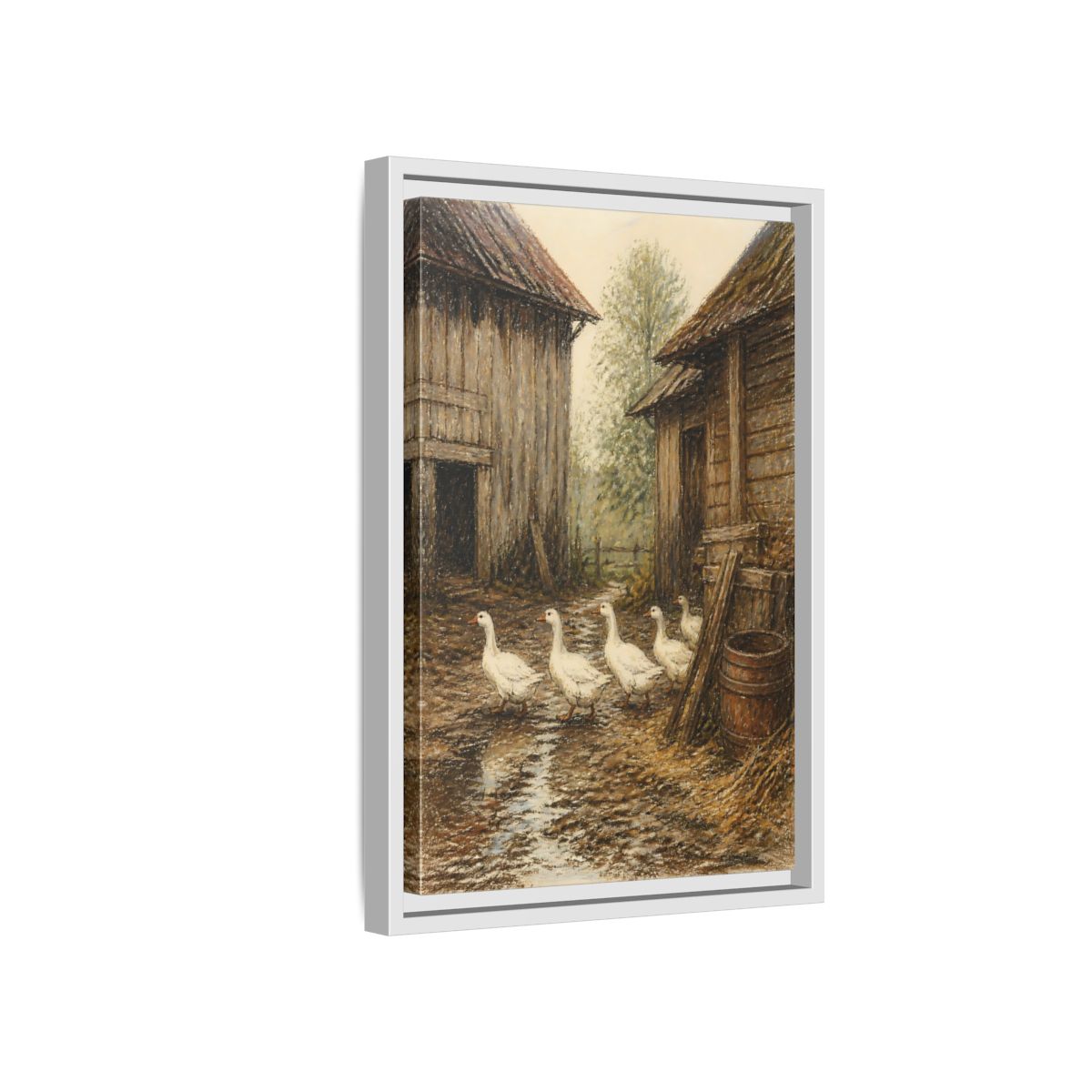 Side Mockup 4. Rustic Geese Farmyard shown as framed canvas print