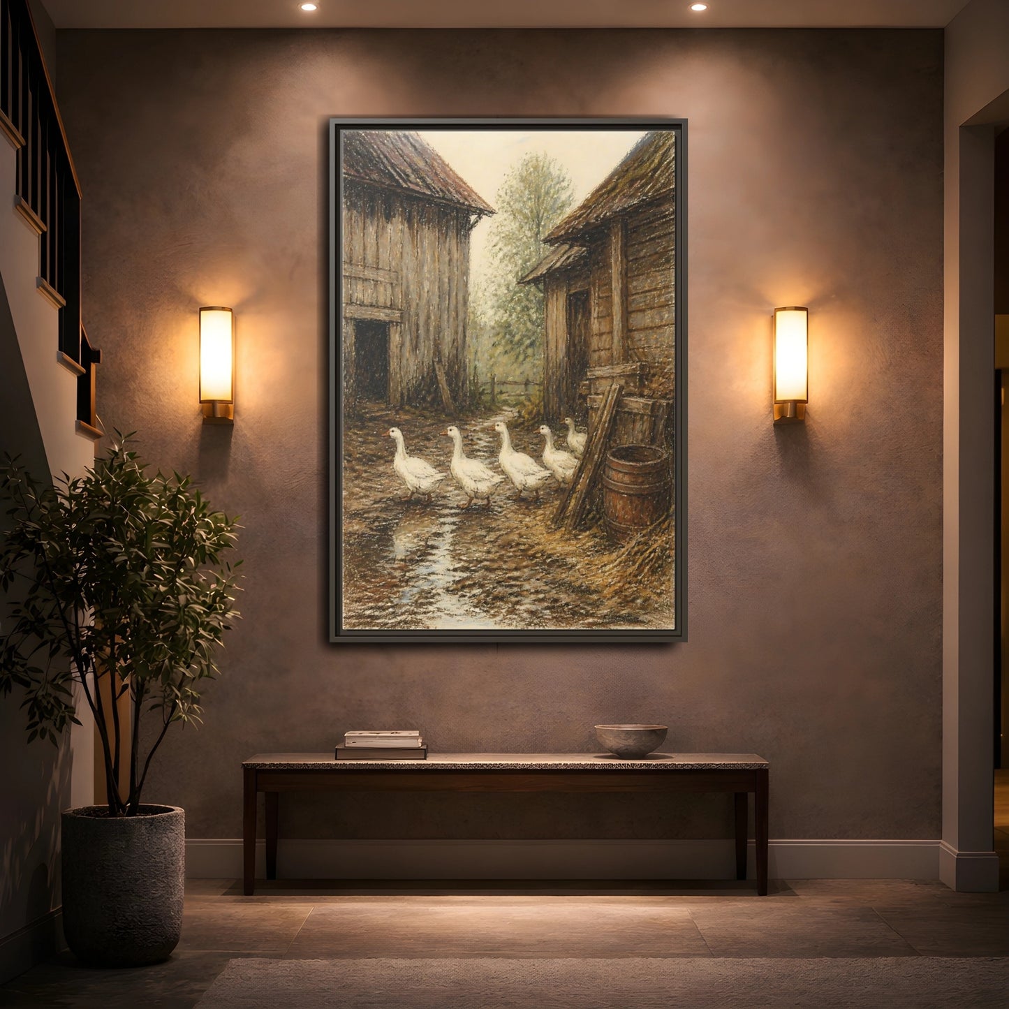 Mockup 2. Rustic Geese Farmyard shown as framed canvas print