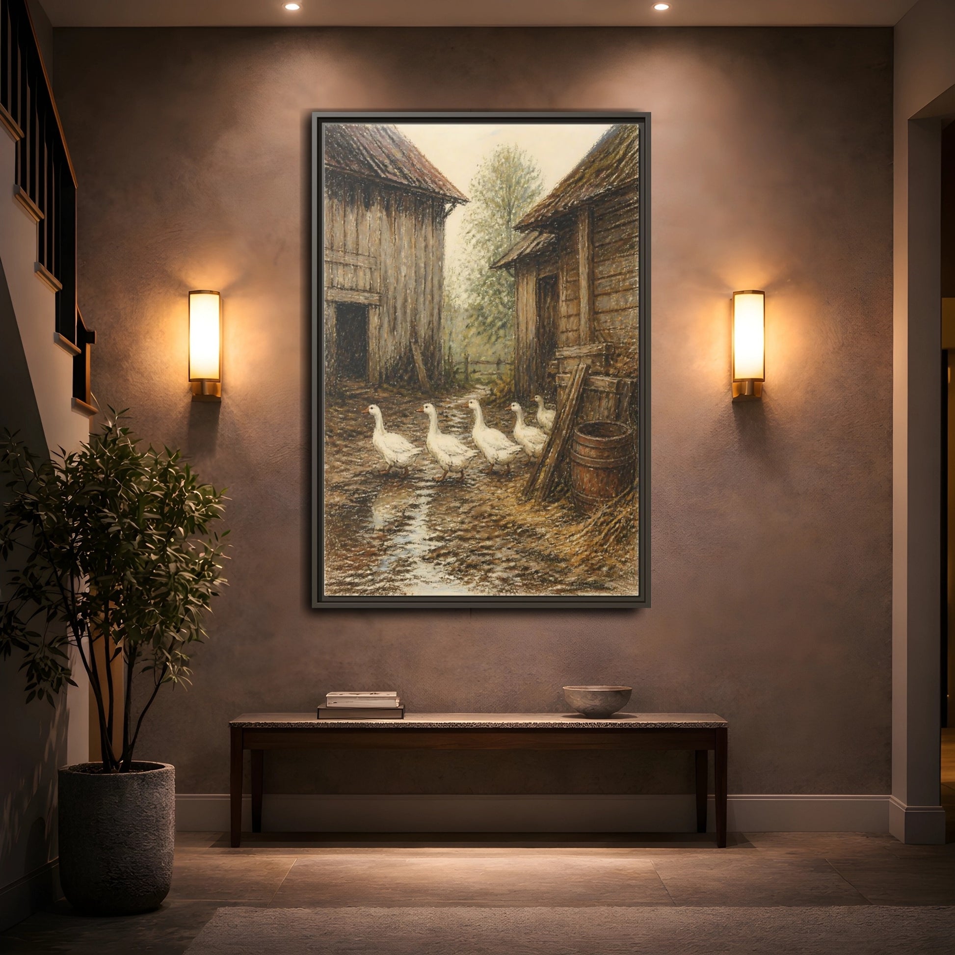 Mockup 2. Rustic Geese Farmyard shown as framed canvas print