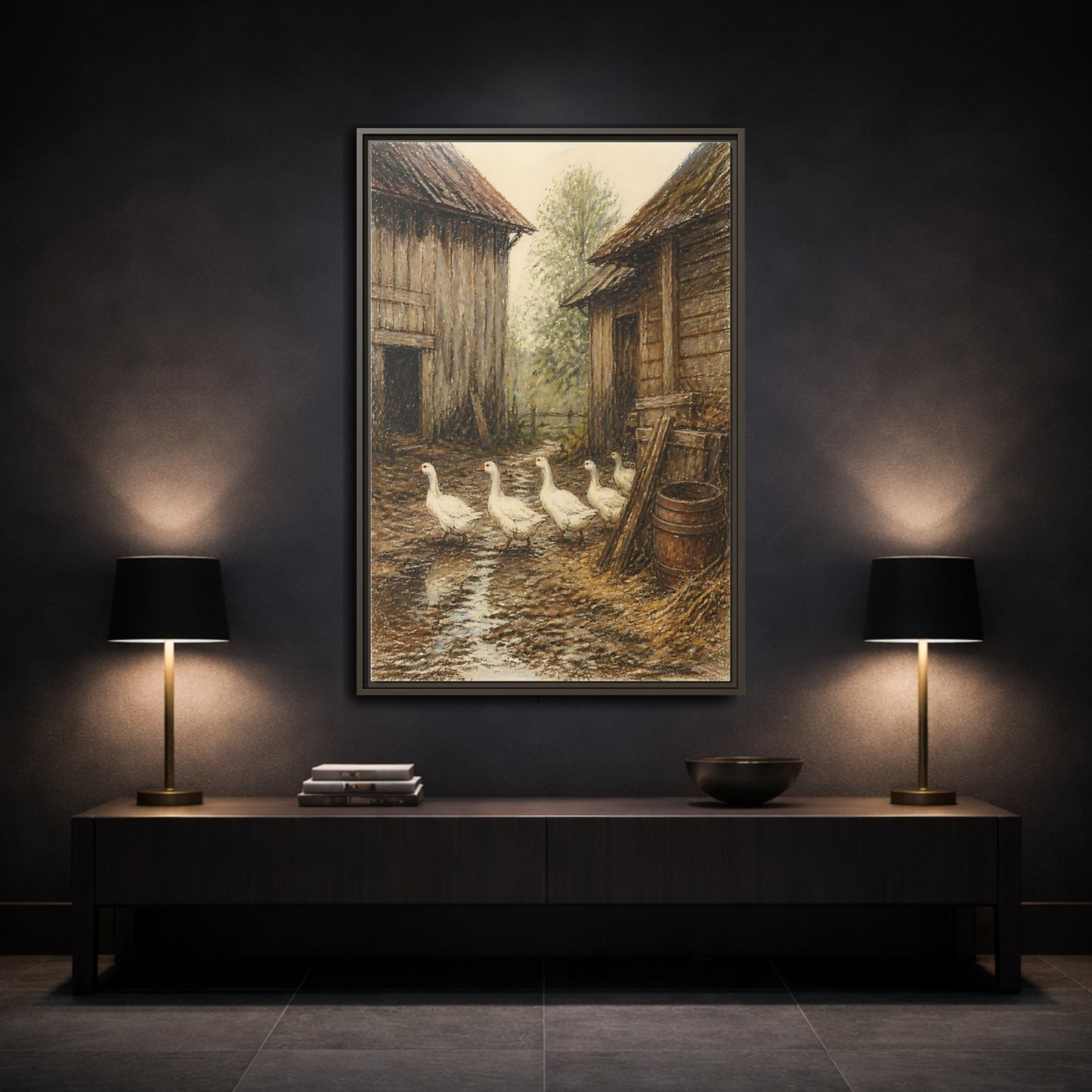 Mockup 3. Rustic Geese Farmyard shown as framed canvas print