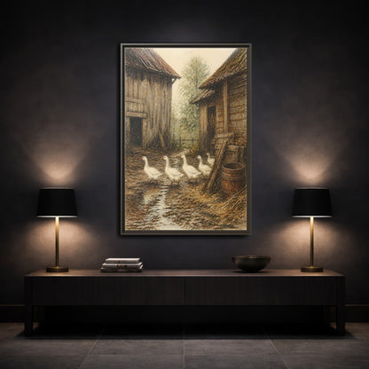 Mockup 3. Rustic Geese Farmyard shown as framed canvas print