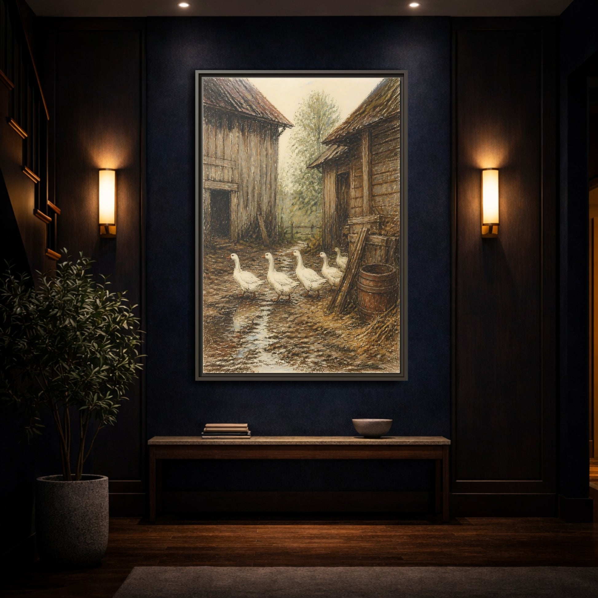 Mockup 4. Rustic Geese Farmyard shown as framed canvas print