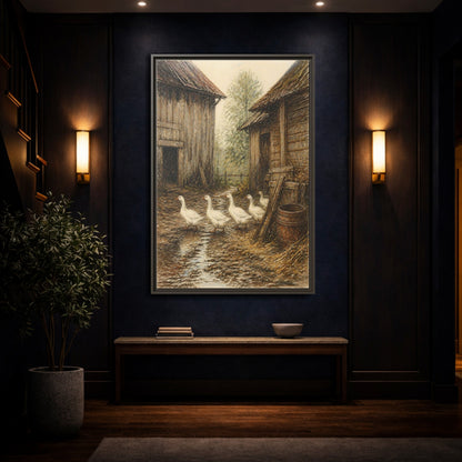 Mockup 4. Rustic Geese Farmyard shown as framed canvas print