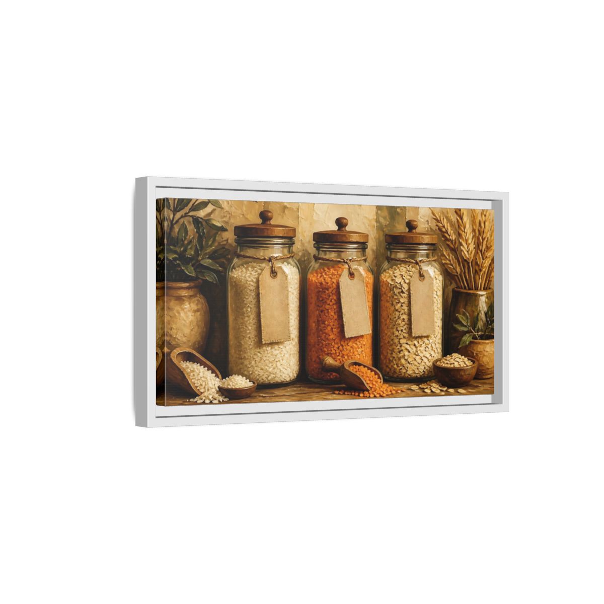 Side Mockup 6. Rustic Glass Jars Of Grains shown as framed canvas print