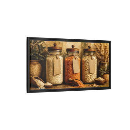 Side Mockup 2. Rustic Glass Jars Of Grains shown as framed canvas print