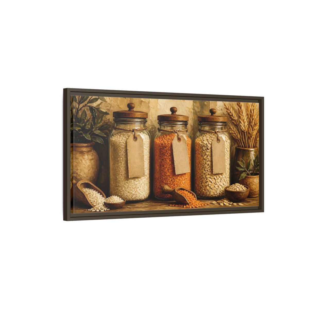 Main Mockup. Rustic Glass Jars Of Grains shown as framed canvas print
