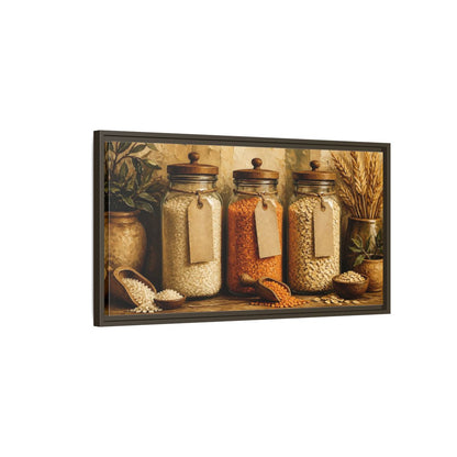 Main Mockup. Rustic Glass Jars Of Grains shown as framed canvas print