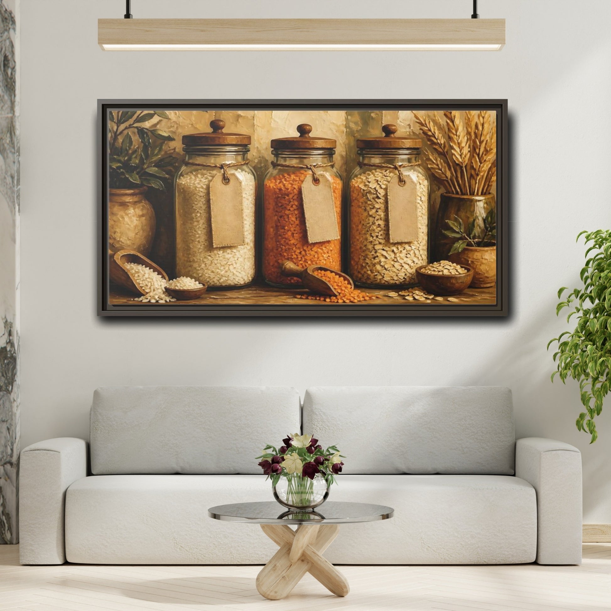 Mockup 2. Rustic Glass Jars Of Grains shown as framed canvas print