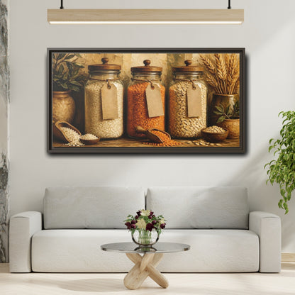Mockup 2. Rustic Glass Jars Of Grains shown as framed canvas print