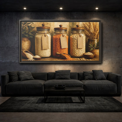 Mockup 3. Rustic Glass Jars Of Grains shown as framed canvas print