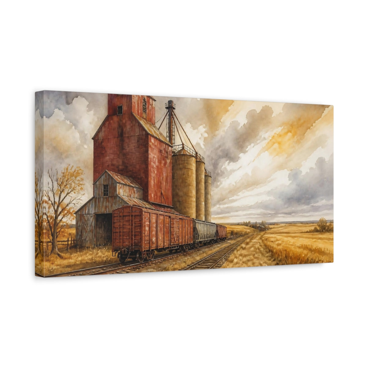 Side Mockup 3. Rustic Grain Elevator shown as canvas print