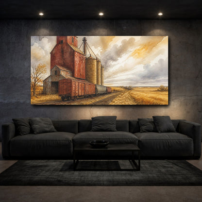 Mockup 3. Rustic Grain Elevator shown as canvas print