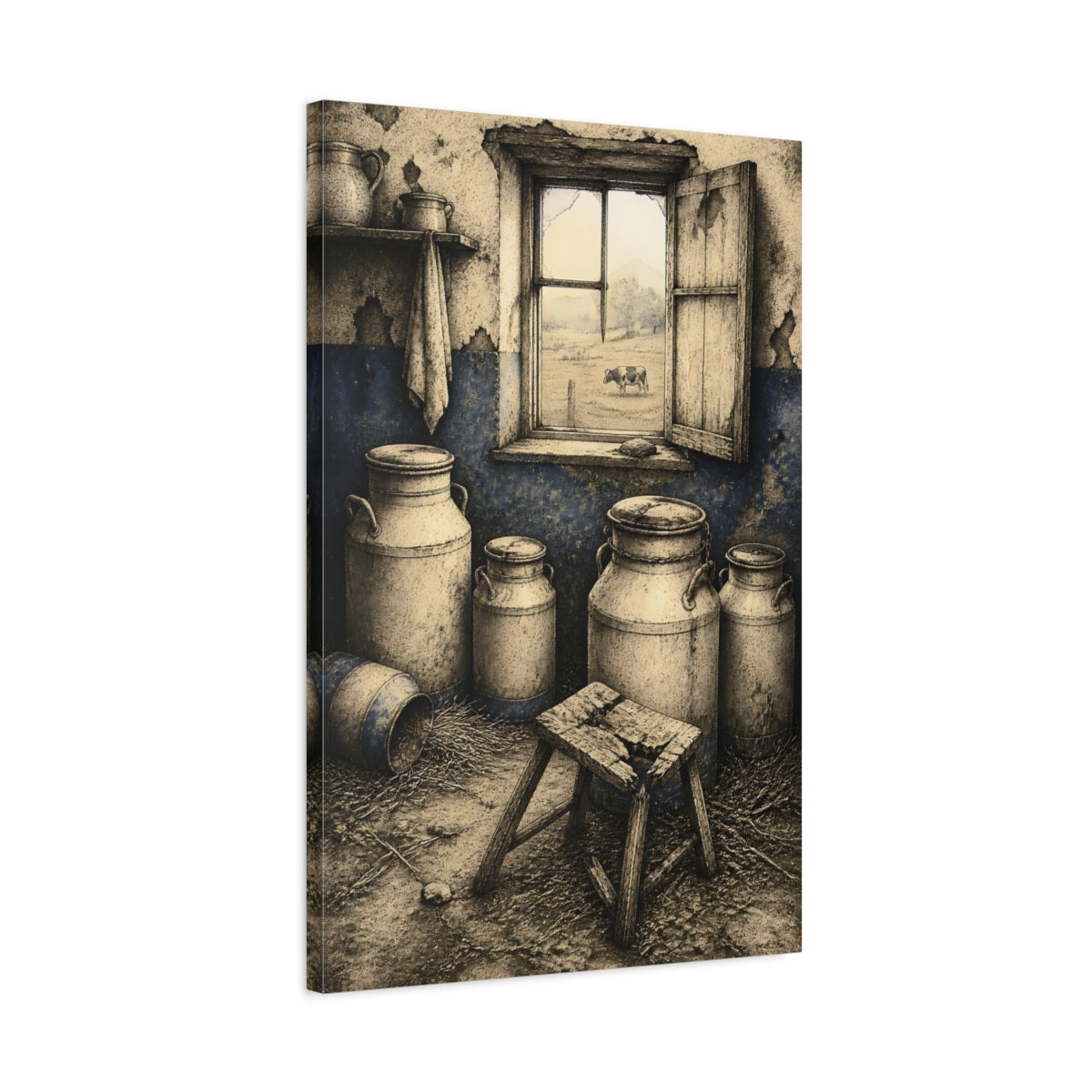 Side Mockup 2. Rustic Milk Cans shown as canvas print