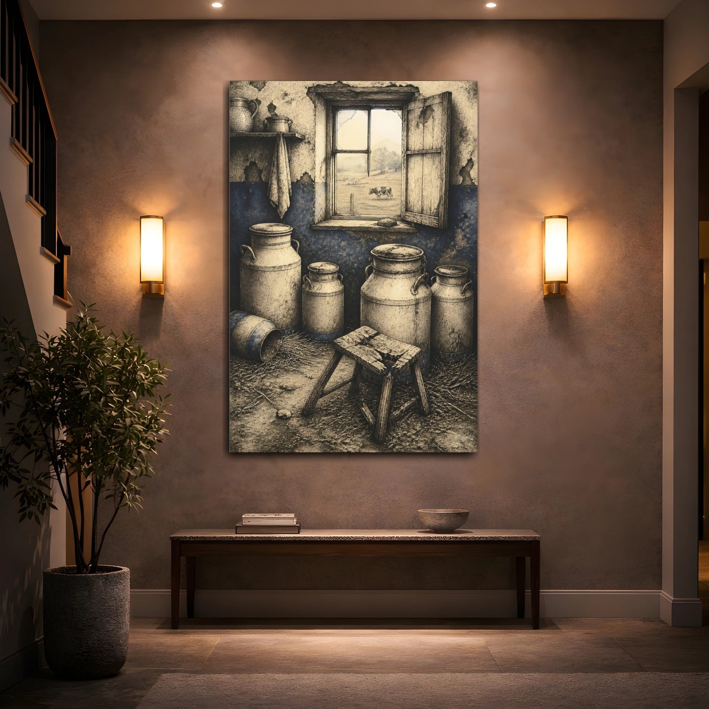 Mockup 2. Rustic Milk Cans shown as canvas print