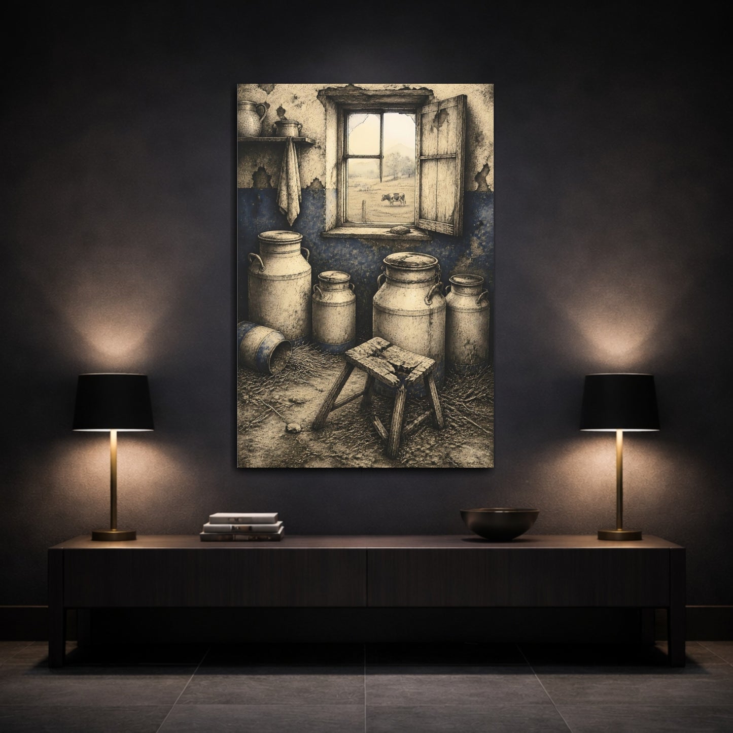 Mockup 3. Rustic Milk Cans shown as canvas print