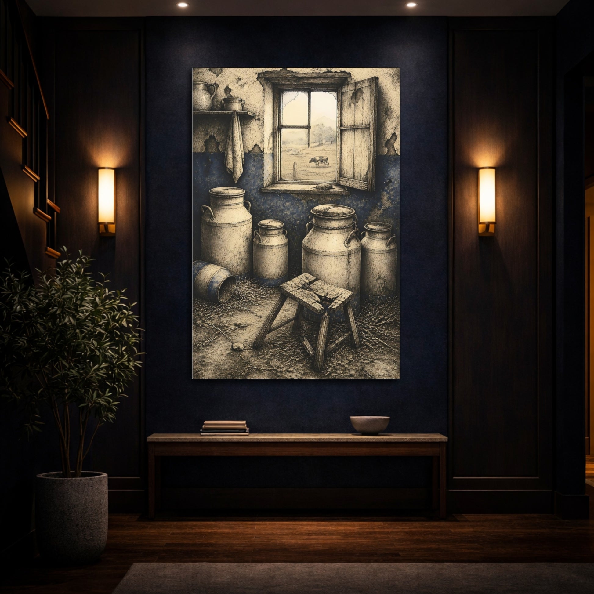Mockup 4. Rustic Milk Cans shown as canvas print