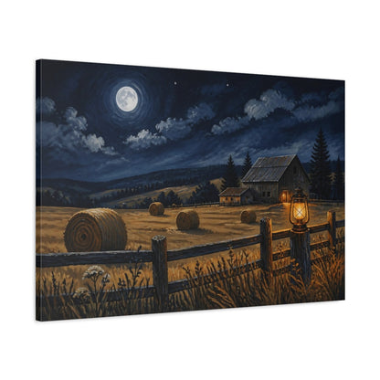 Main Mockup. Rustic Moonlit Barn shown as canvas print