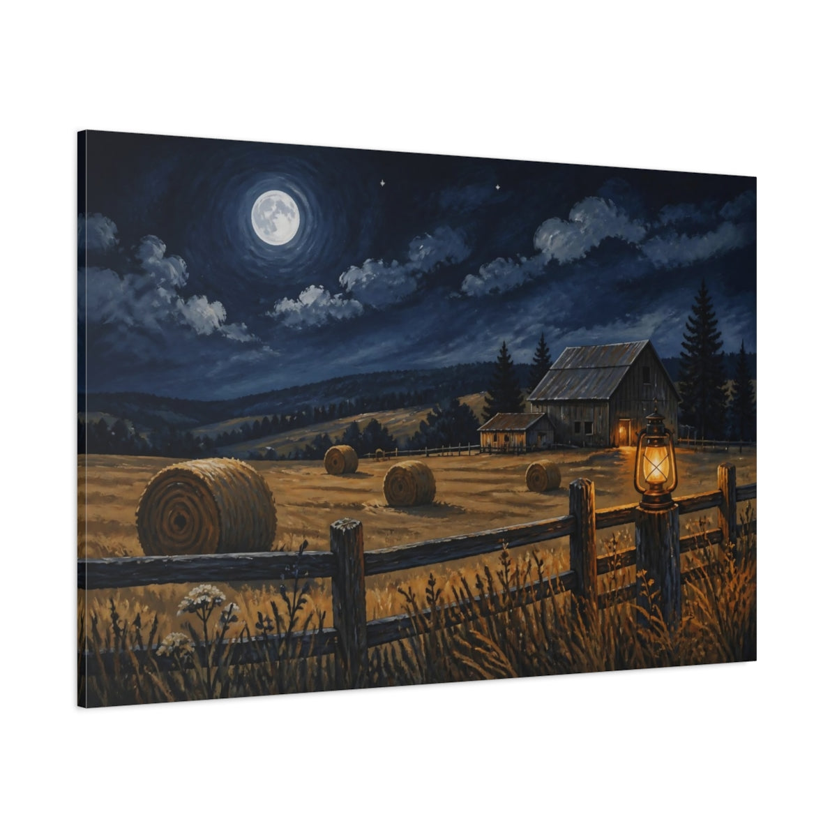 Side Mockup 1. Rustic Moonlit Barn shown as canvas print