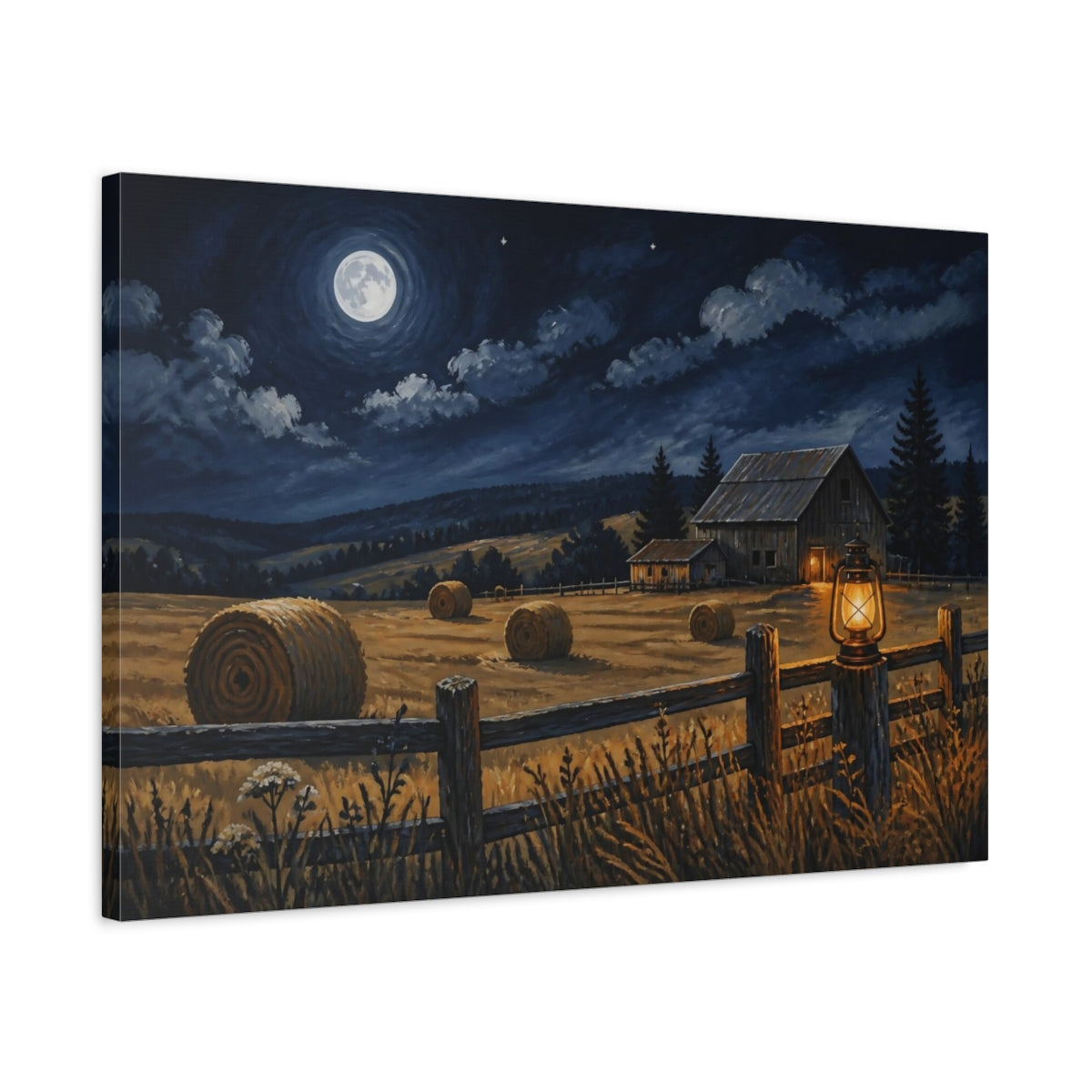 Side Mockup 2. Rustic Moonlit Barn shown as canvas print