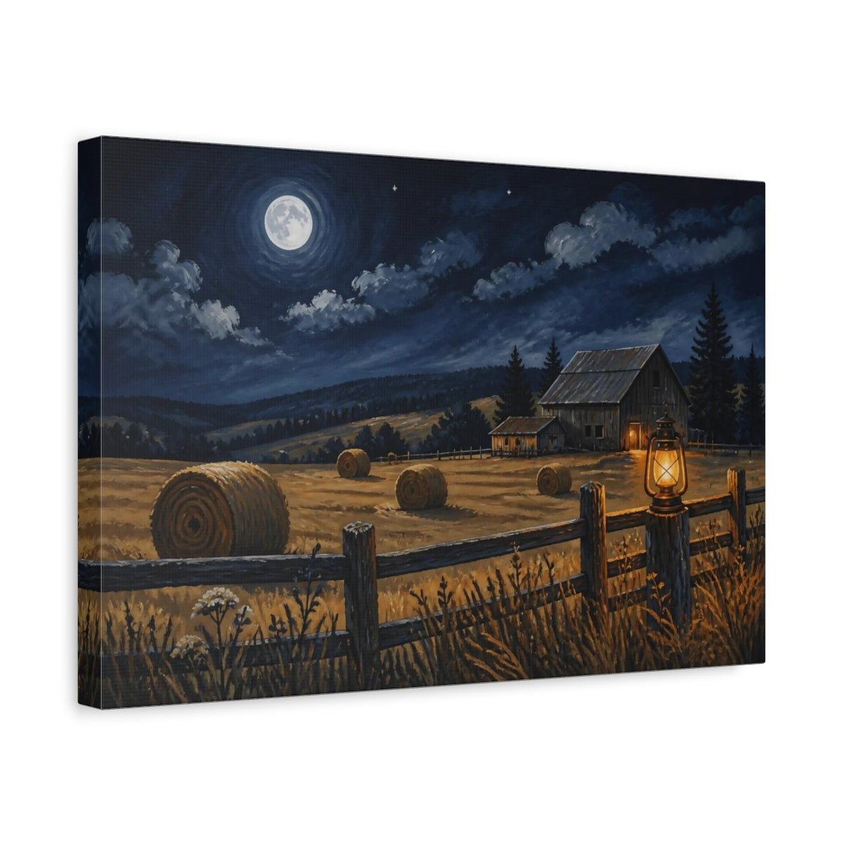 Side Mockup 4. Rustic Moonlit Barn shown as canvas print
