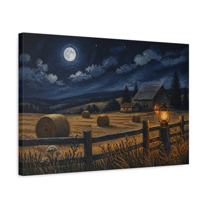 Side Mockup 3. Rustic Moonlit Barn shown as canvas print