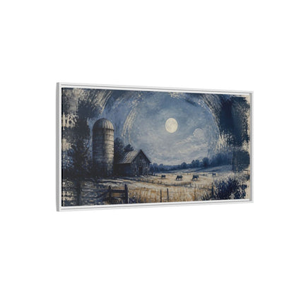 Side Mockup 3. Rustic Moonlit Barn shown as framed canvas print