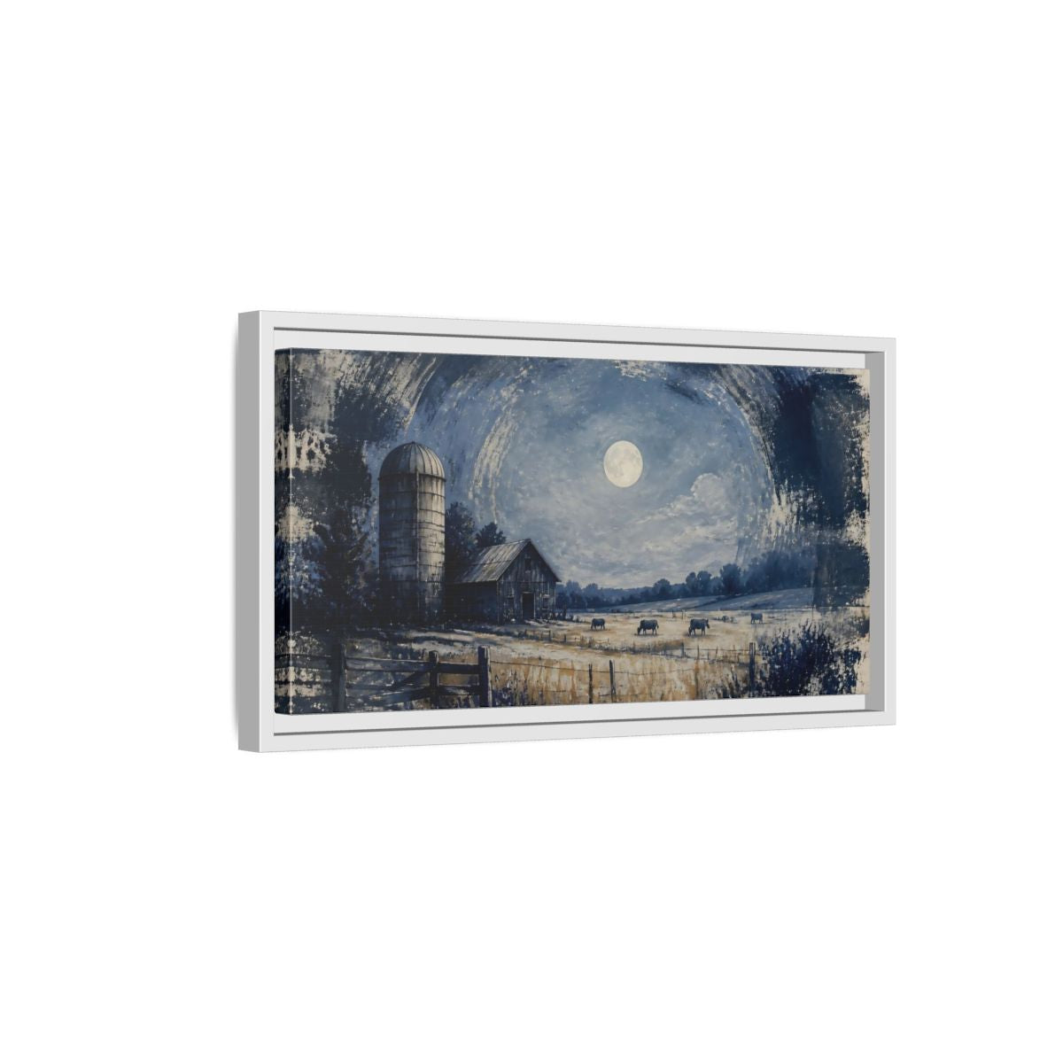 Side Mockup 6. Rustic Moonlit Barn shown as framed canvas print