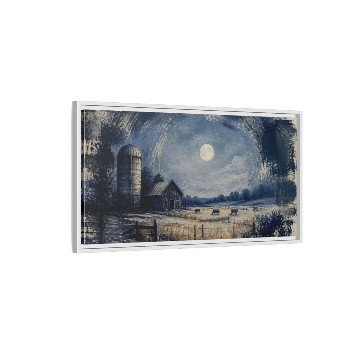 Side Mockup 1. Rustic Moonlit Barn shown as framed canvas print