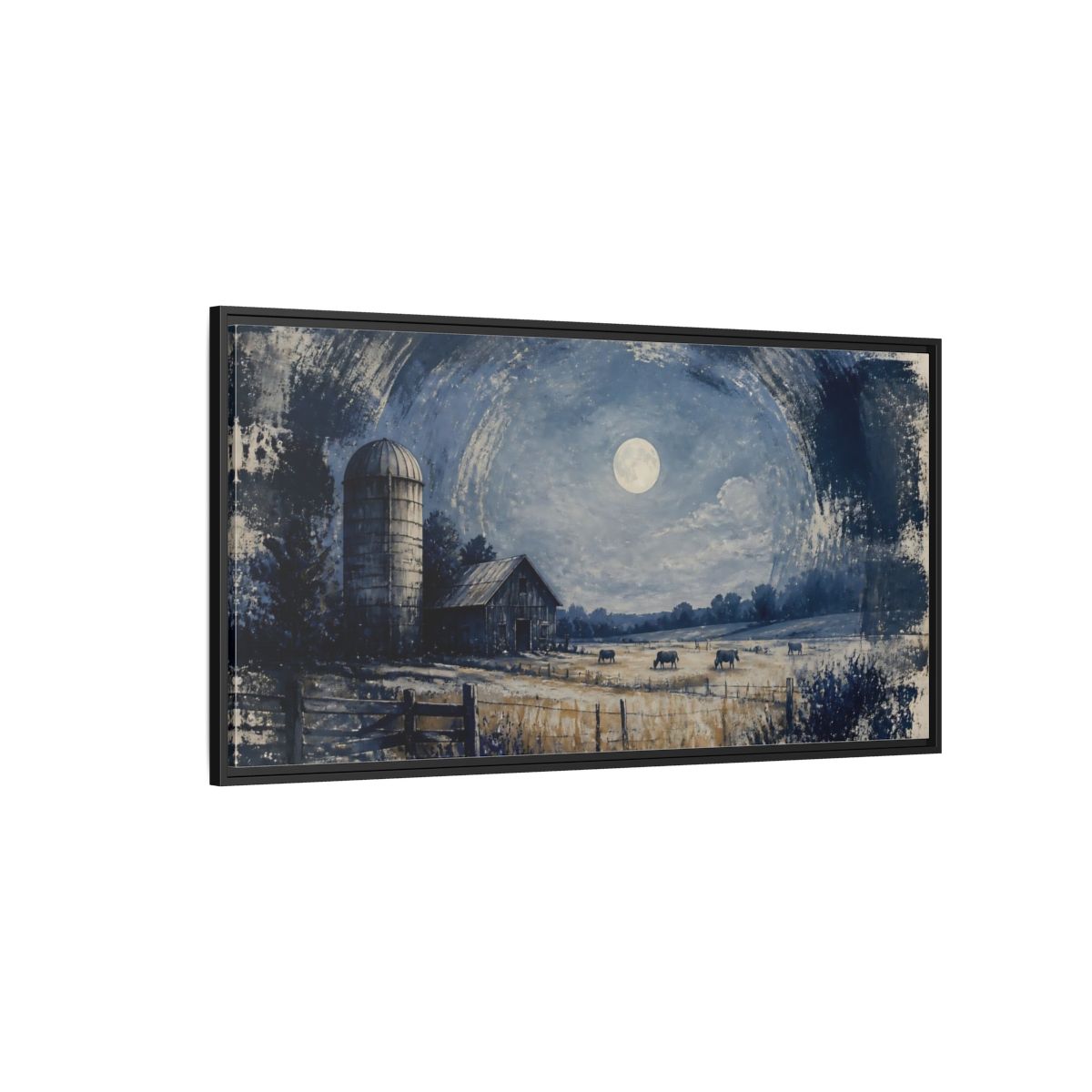 Side Mockup 5. Rustic Moonlit Barn shown as framed canvas print