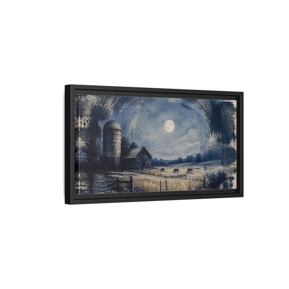 Side Mockup 8. Rustic Moonlit Barn shown as framed canvas print