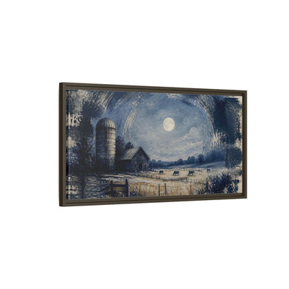 Main Mockup. Rustic Moonlit Barn shown as framed canvas print