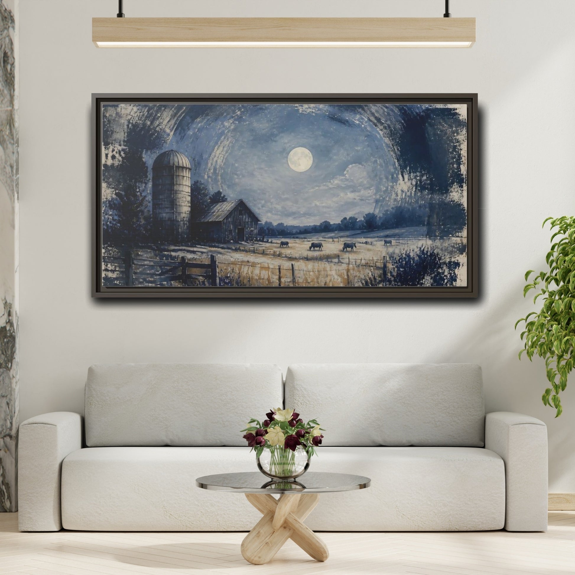 Mockup 2. Rustic Moonlit Barn shown as framed canvas print