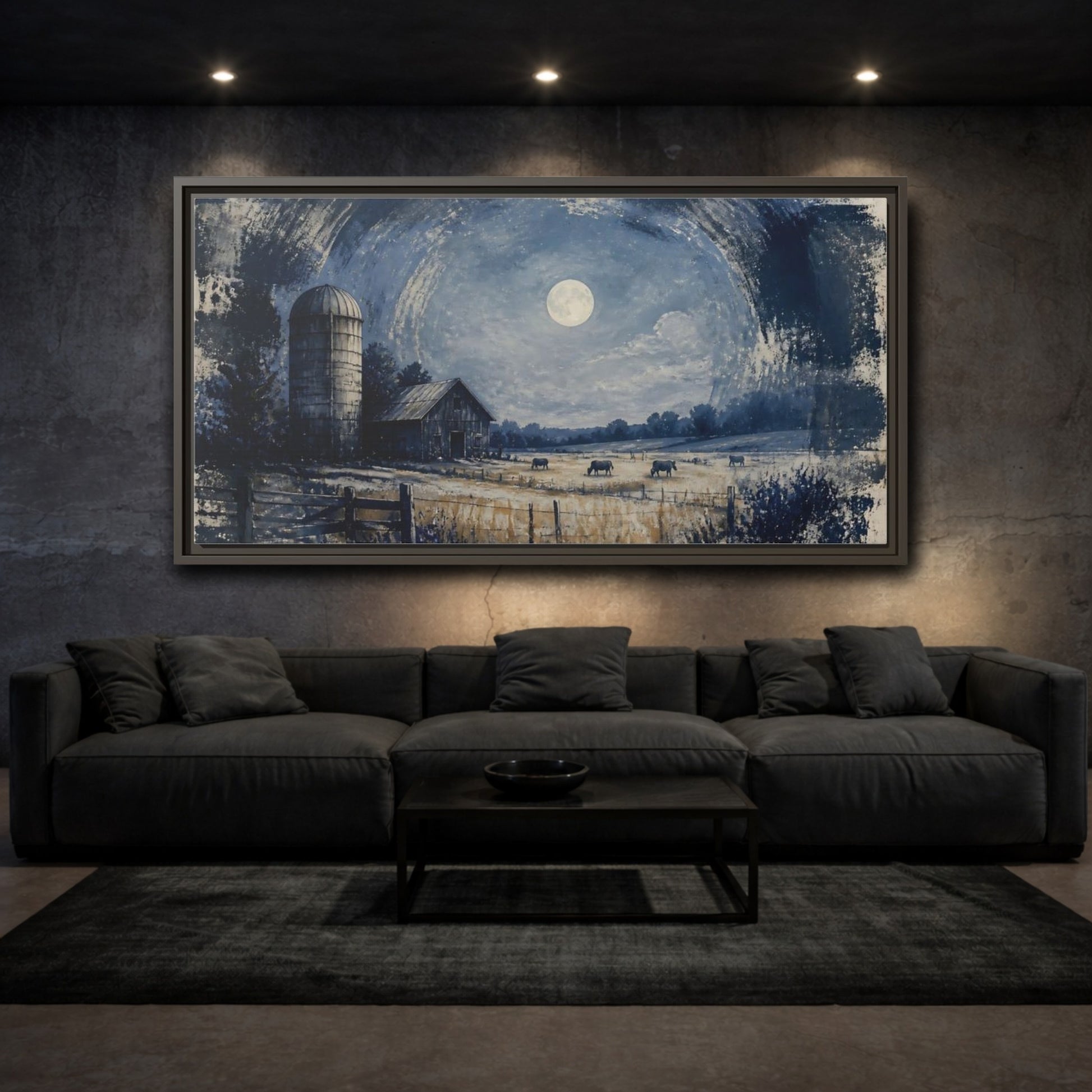 Mockup 3. Rustic Moonlit Barn shown as framed canvas print