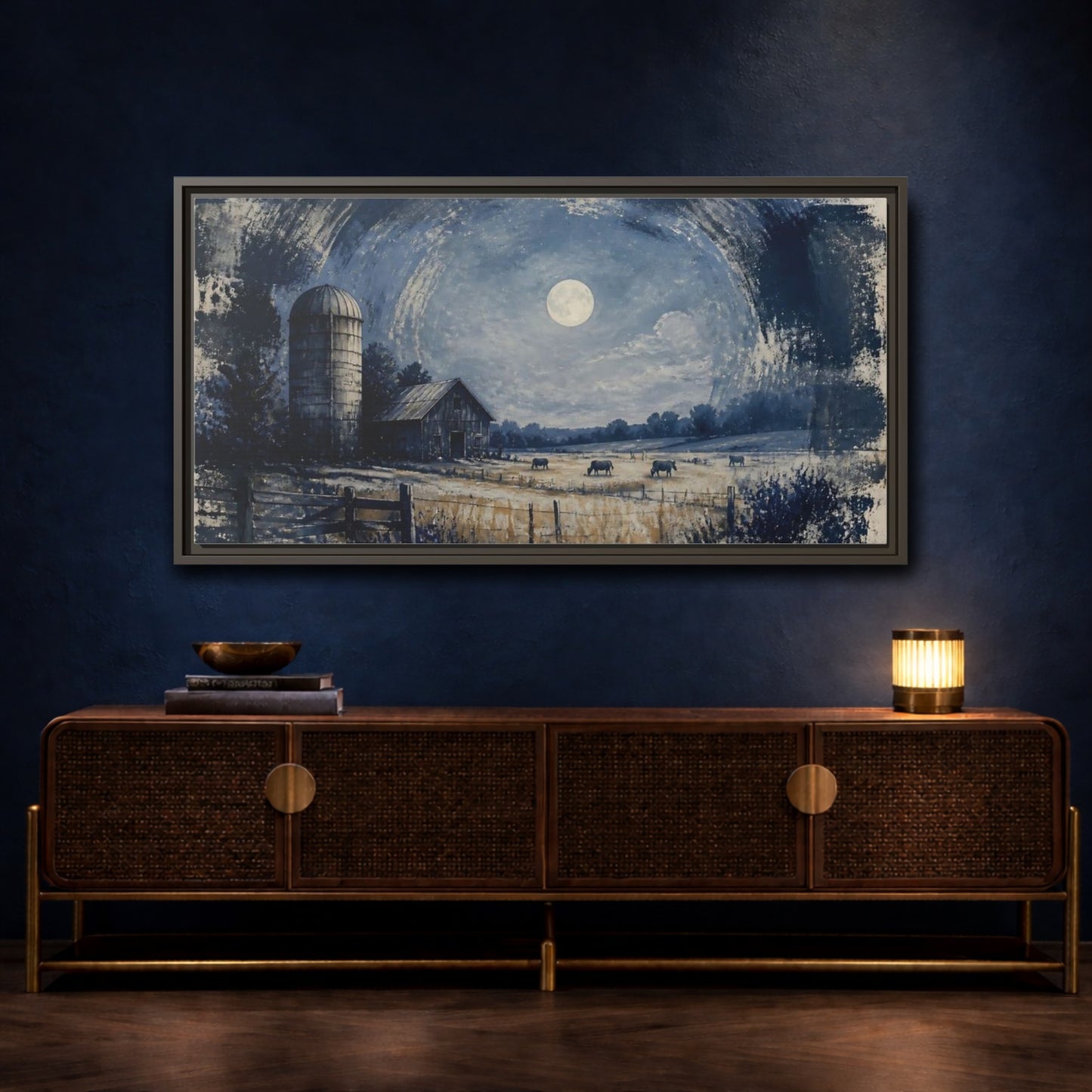 Mockup 4. Rustic Moonlit Barn shown as framed canvas print