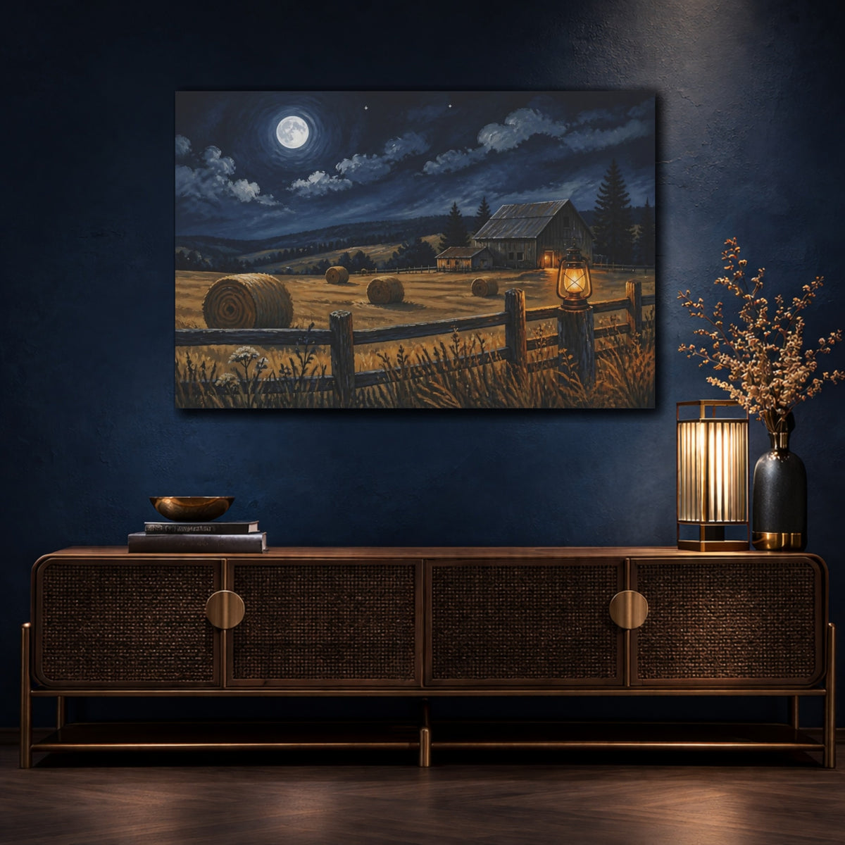 Mockup 4. Rustic Moonlit Barn shown as canvas print