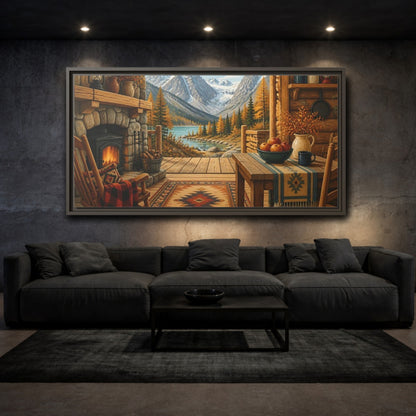 Mockup 3. Rustic Mountain Cabin View shown as framed canvas print