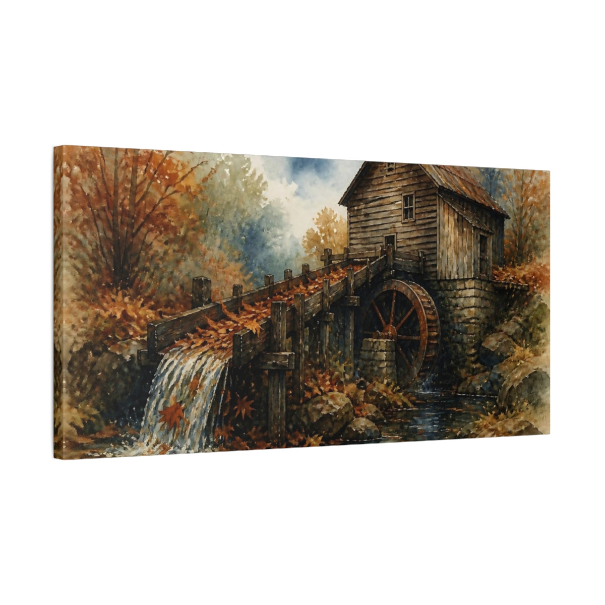Side Mockup 1. Rustic Old Mill Waterwheel shown as canvas print