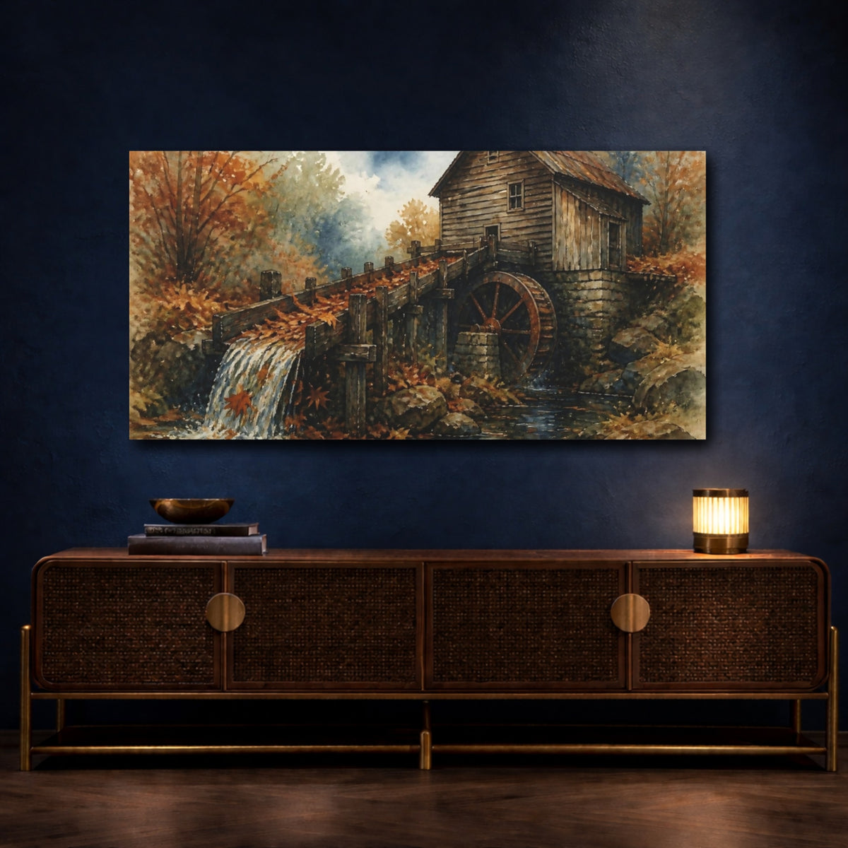 Mockup 4. Rustic Old Mill Waterwheel shown as canvas print