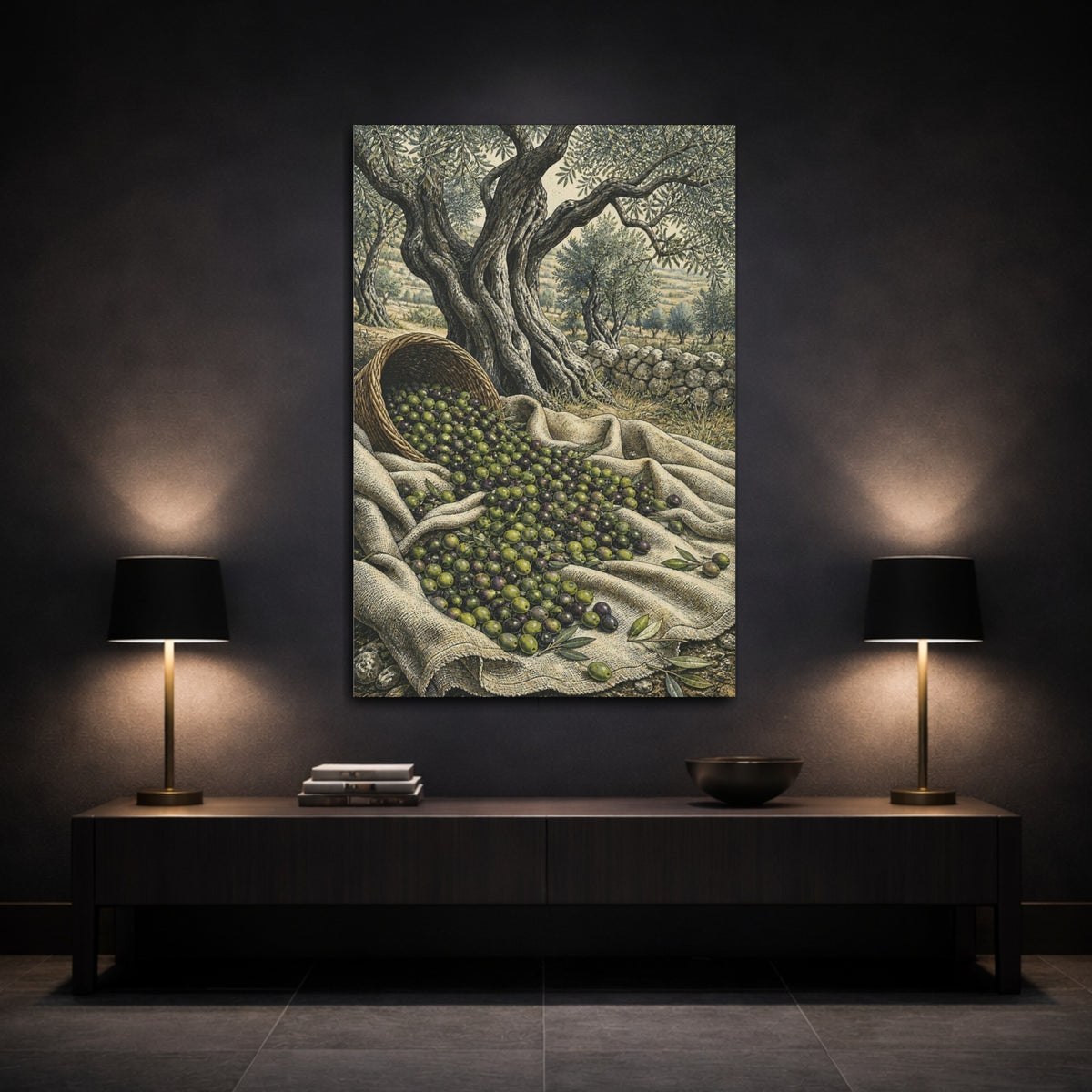 Mockup 3. Rustic Olive Harvest shown as canvas print
