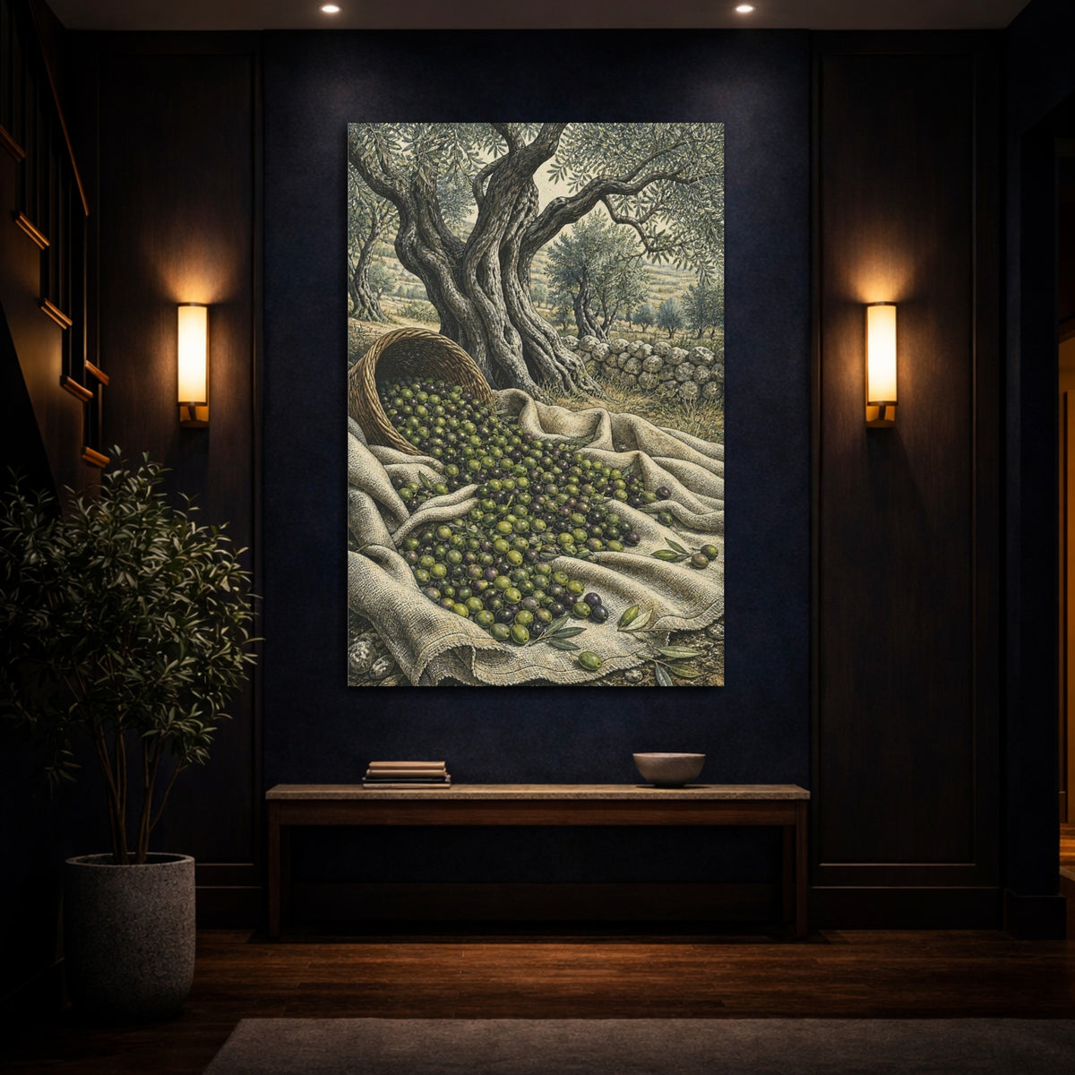 Mockup 4. Rustic Olive Harvest shown as canvas print
