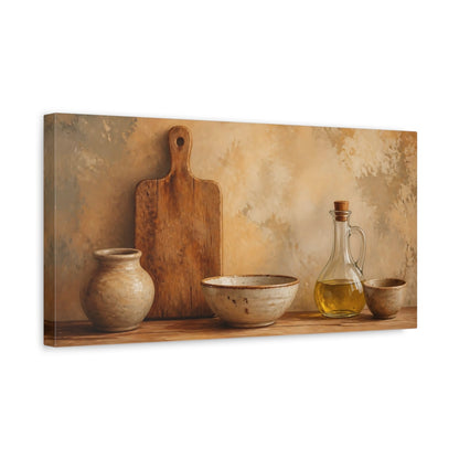 Side Mockup 3. Rustic Olive Oil And Pottery shown as canvas print