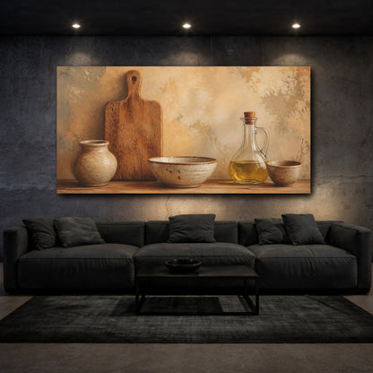 Mockup 3. Rustic Olive Oil And Pottery shown as canvas print