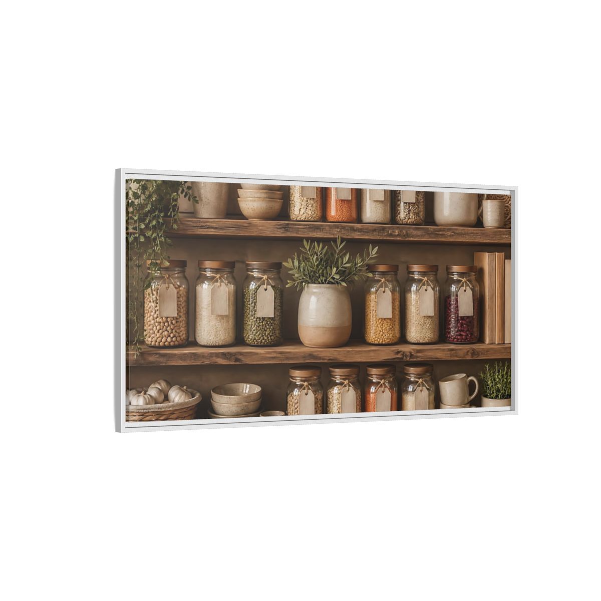 Side Mockup 3. Rustic Pantry Shelf Display shown as framed canvas print