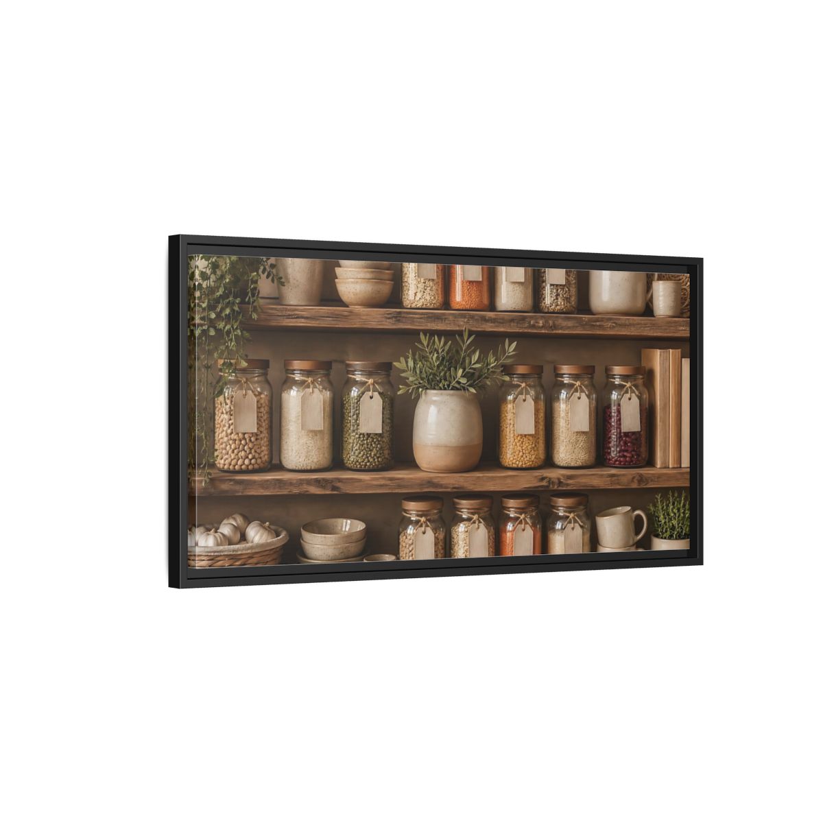 Side Mockup 2. Rustic Pantry Shelf Display shown as framed canvas print